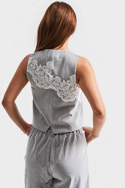 its basic Women's Gray Color Lace Embroidered Zero Sleeve Button Design Fabric Vest