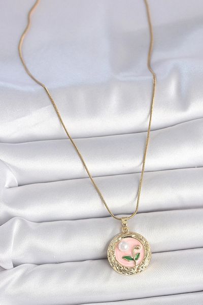 Clariss 316L Steel Gold Color Chain Pink Flower Embroidered Pearl Detail Portrait Model Women's Necklace