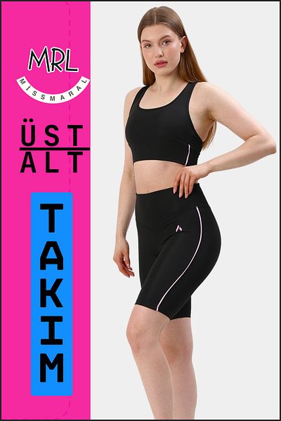 missmaral Set de 2 piese pentru femei, negru, pantaloni scurți, jambiere și bustieră sport cu tampoane liliac el3043