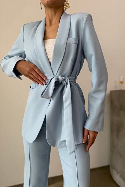 Zera Bağlamalı Blazer Ceket Bol Paça Pantolon Takım