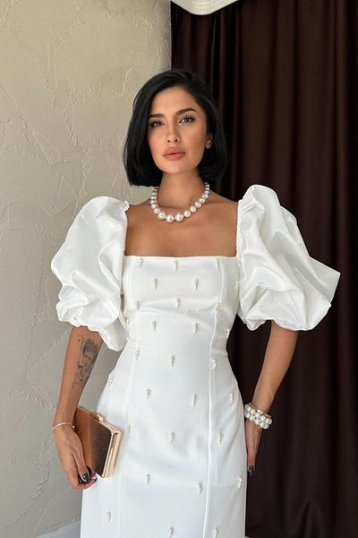 modaserdem Women's White Embroidered Sleeve Garnished Night-Graduation-Wedding-Evening Dress