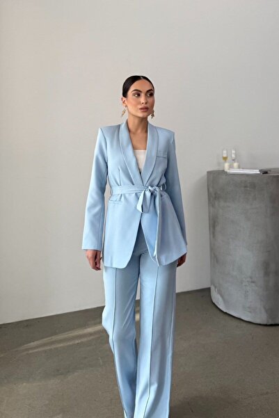 Zera Bağlamalı Blazer Ceket Bol Paça Pantolon Takım