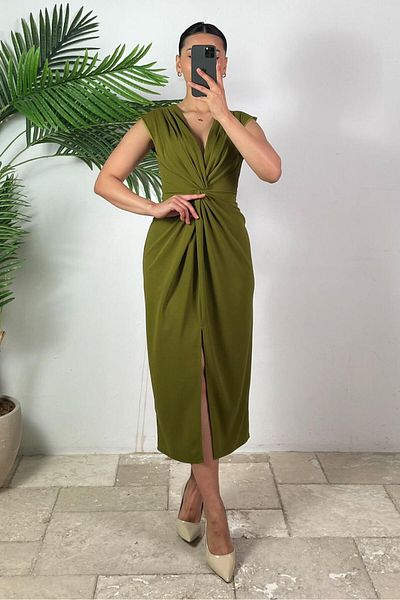 Madmext Oil Green Slit Detailed Double Breasted Collar Women's Dress Mg2417