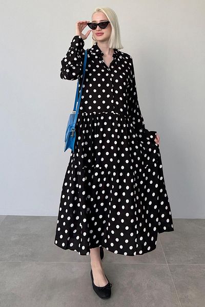 Madmext Black Long Sleeve Buttoned Patterned Dress Mg2430