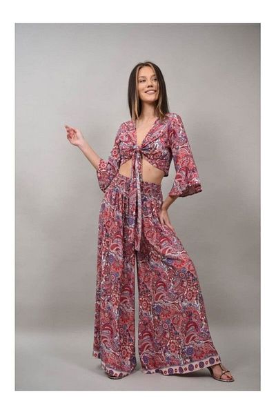 sweet girl Eterano Multicolor Crop Shirt Pant Suit Red S-m