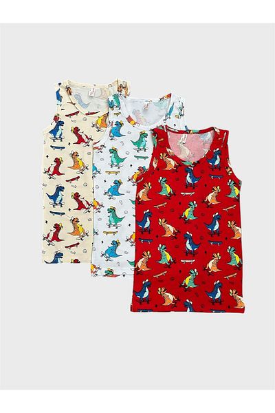 elmas kids Boy's Cotton Red White Ecru Color Dinosaur Patterned 3-Piece Undershirt