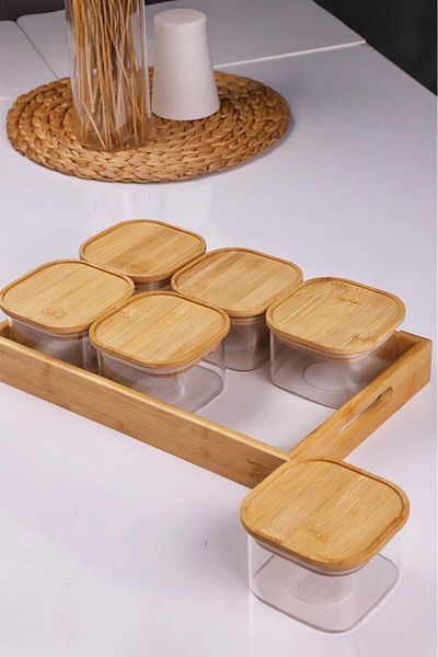 Atbyhome Duo 400ml 6-Piece Bamboo White Marble Pattern Tray Bamboo Vacuum Lid Glass Breakfast