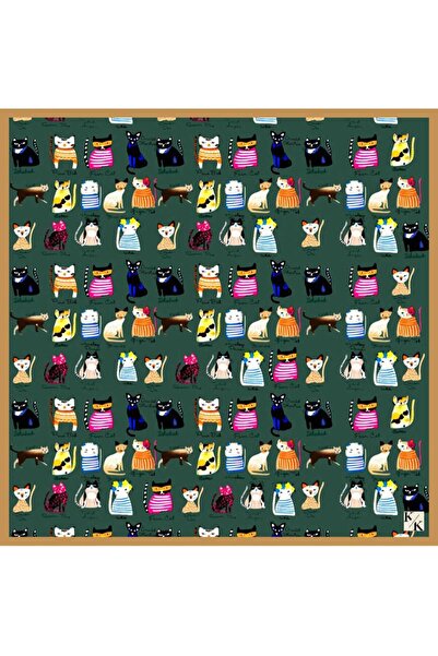 KK Foulard & Scarf Yeşil Kediler Twill Saten Fular 53*53 Cm