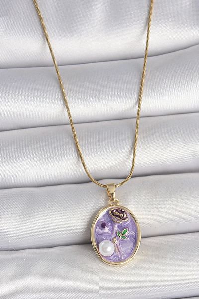 Clariss 316L Steel Gold Color Chain Purple Flower Embroidered Pearl Detail Portrait Model Women's Necklace