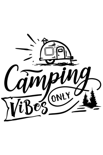 StoryGift Romania Sticker Eticheta 40CM Exterior cu rulota si brazi cu textul "Camping vibes only" - doar vibrat