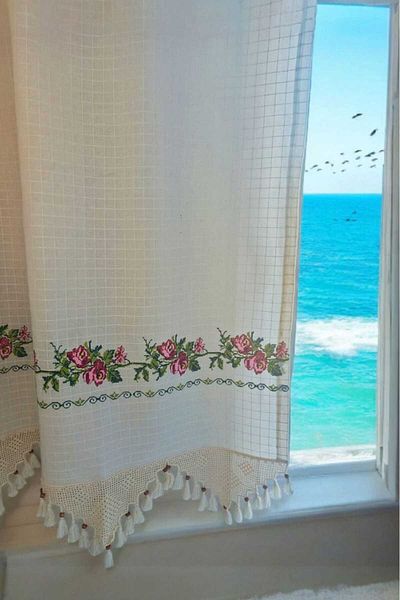 MZN Home Red Cross Stitch Embroidered Authentic Basement Work Monika Curtain (En X Boy) - Unpleated