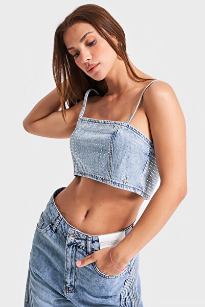 its basic Kadın Kot Rengi Parlak Taşlı Askılı Özel Tasarım Denim Büstiyer
