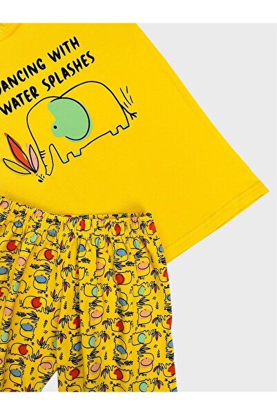 Genel Markalar Erkek Çocuk %100 Pamuklu Sarı Fil Desenli Kısa Kollu Şortlu Yazlık Pijama Takımı