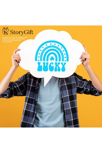 StoryGift Romania Sticker Exterior cu trifoi si cuvantul in limba engleza "Lucky" - norocos , Vinyl Albastru