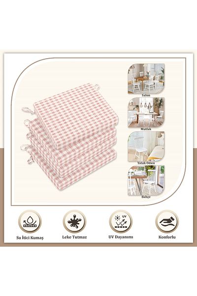 Evim Canvas Single Plaid Liquid Proof Stain Resistant Zippered Lace Chair Cushion Pink 40 X 40 cm