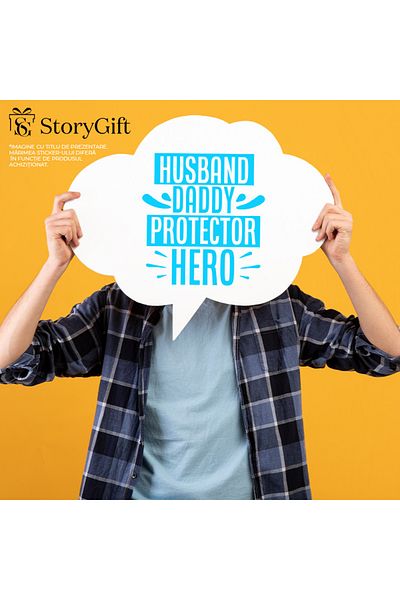 StoryGift Romania Sticker Eticheta 40CM Exterior cu textul "Sot, tatic, protector si erou" , Vinyl Albastru, 40 cm