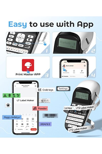 Phomemo LT12 Bluetooth Etiket Yazıcısı Beyaz - Mobil ve QWERTY Klavyeli, USB Şarjlı, Android, IOS, LetraTag