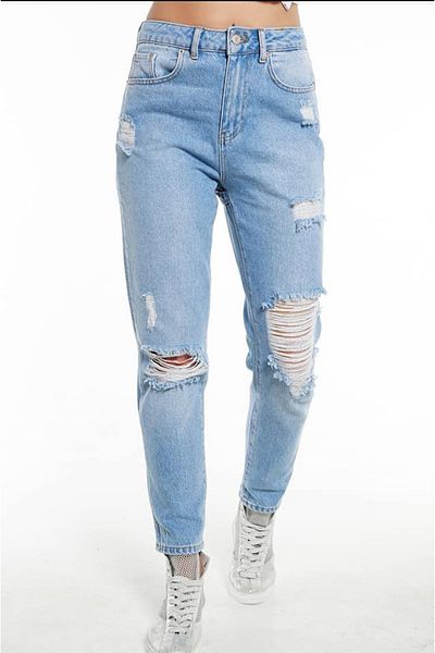 FashionForYou Blugi de damă Riky, model Mom Fit cu șnur la spate, albaștri, talie 34