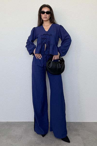 Madmext Navy Blue Front Tie Blouse Pants Set Mg2343