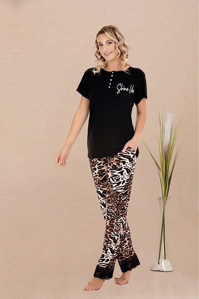 Lady Lingerie Set pijamale pentru femei cu guler cu nasturi, maneci scurte, imprimeu leopard
