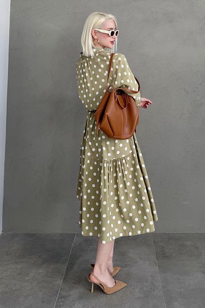 Madmext Khaki Long Sleeve Buttoned Patterned Dress Mg2430