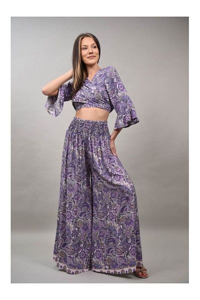 sweet girl ETERANO MULTICOLOR CROP SHIRT AND TROUSER SUIT Purple S-M