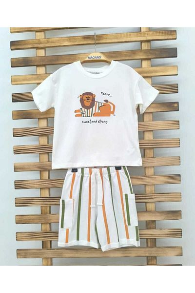 Mackays Boy's Lion Printed T-Shirt Cargo Pocket Striped Shorts Set of Two