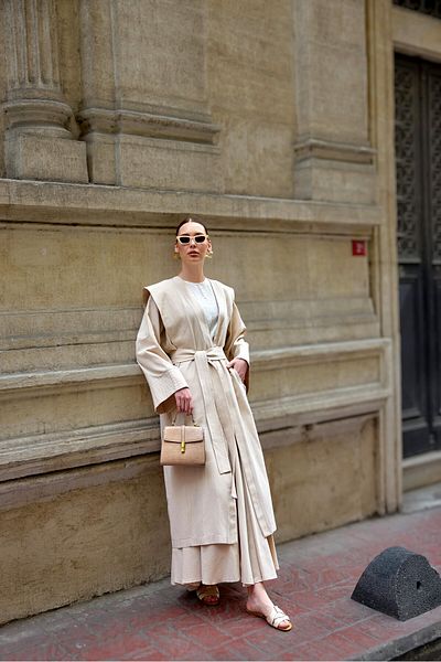 Garzia Belted Linen Cap with Shoulder Stitching Detail