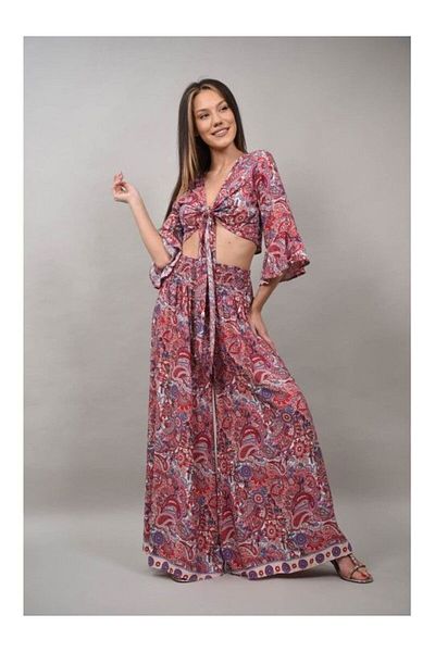sweet girl Eterano Multicolor Crop Shirt Pant Suit Red S-m