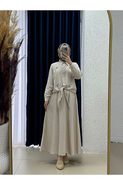 Ebrar Store Dilfuruz Shirt with Stones and Tie-Up Skirt Suit-Mf510 Stone