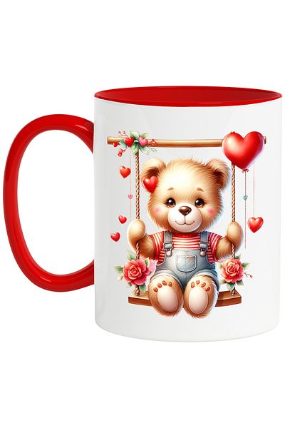 StoryGift Romania Mug with a teddy bear swinging, illustration, heart, love, affection, With ,STG