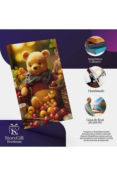 StoryGift Romania Canvas Painting 40 x 25CM Image of a Teddy Bear and Baskets with Tomatoes and Flowers - F,STG.
