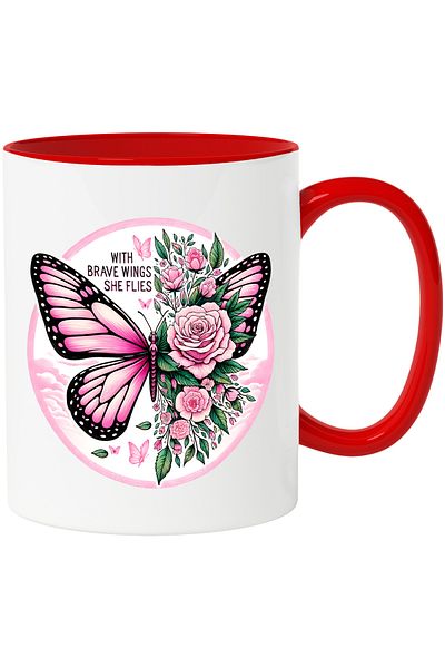 StoryGift Romania Butterfly and pink rose mug with the message "With Brave Wings She Flies", il, Cu,STG.