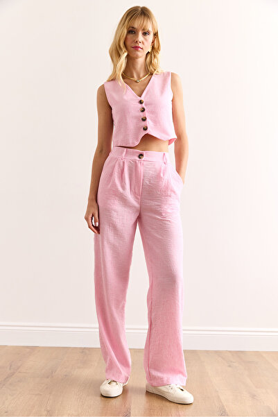Olalook Women's Pink Top Vest Bottom Pocket Trousers Linen Look Suit Tkm-19000359