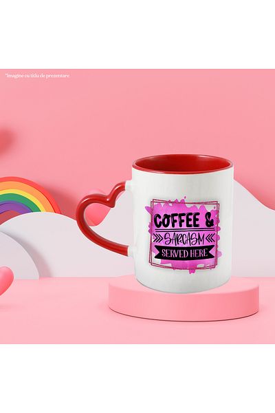StoryGift Romania Mug with the message "Coffee & Sarcasm served here", illustration, liquid, fluid, coffee, With,STG.