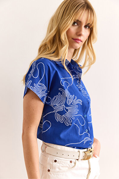 Olalook Women's Chain Saks Blue Patterned Linen Bat Shirt Gml-19001129