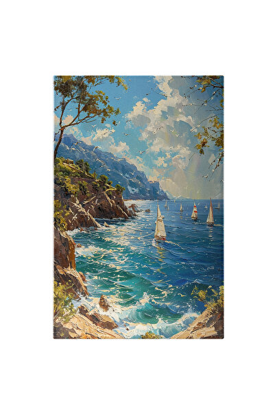 StoryGift Romania Tablou Canvas Oceanul Cu Barci Multe Pe Apa Senina Cu Stanc...