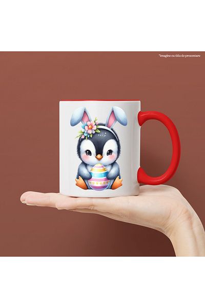 StoryGift Romania Mug with a little penguin, illustration, holding a painted egg, Easter holidays, I love you, With ,STG.
