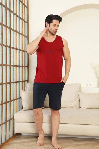 ALİMER Σετ ανδρικό σορτς - Claret Red Focus Printed Straps Χτενισμένο Βαμβακερό Σετ 1070ŞT