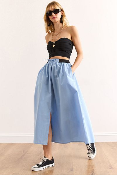 Olalook Women's Blue Black Banded Front Slit Lace up Midi Bell Skirt Etk-19000321