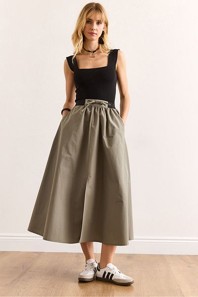 Olalook Women's Khaki Black Banded Front Slit Lace up Midi Bell Skirt Etk-19000321