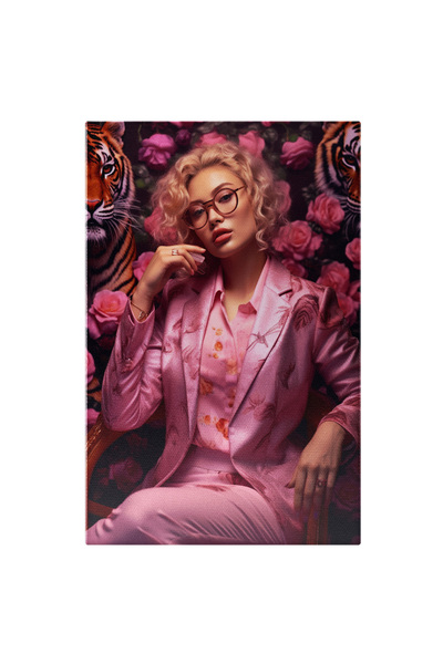 StoryGift Romania Tablou Canvas: Domnisoara Blonda La Costum Roz - Fundal Abs...