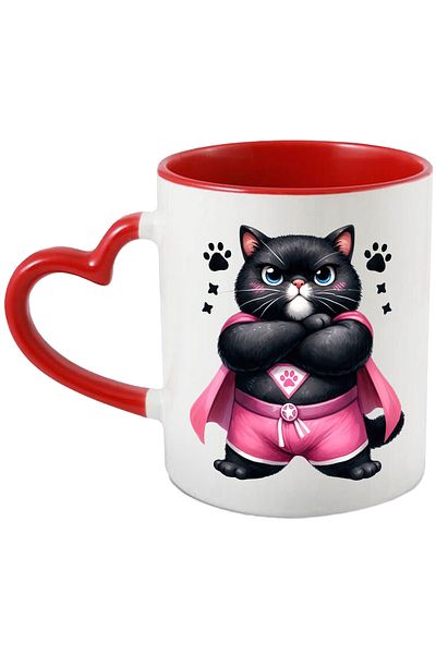 StoryGift Romania Mug with a black cat in a heroine costume, illustration, pink, paws, stars, s, With ,STG