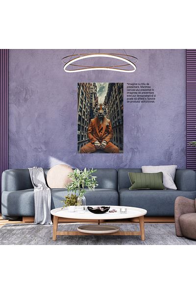 StoryGift Romania Canvas Painting Tiger Disguised in a Man's Suit - Sitting on the Balcony Among Populated Buildings, Painting