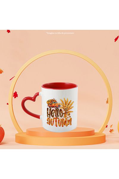 StoryGift Romania Mug with a car full of pumpkins and flowers with the message "Hello, Autumn", autumn, i, With ,STG