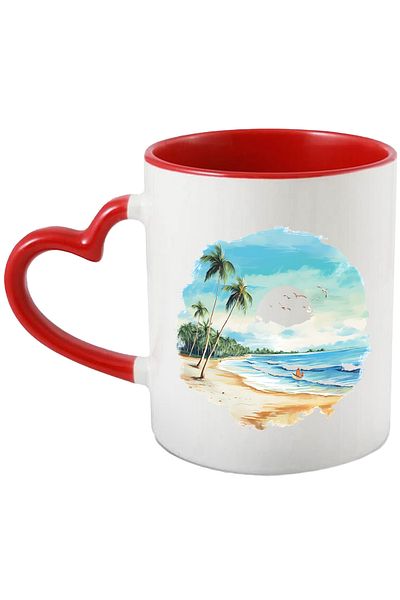 StoryGift Romania Mug with a beach, illustration, water, sea, vacation, holiday, summer, palm trees, people, With ,STG
