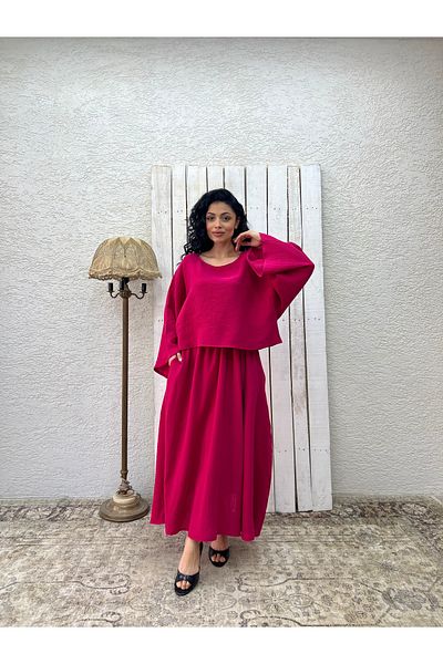 KÜÇÜĞÜM BUTİK Set bluză casual din muselină fucsia și fustă evazată (SET DE 2)
