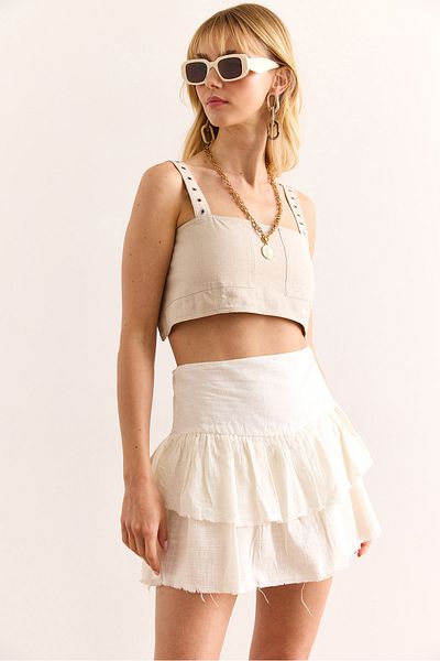Olalook Women's Ecru Shorts Flounce Zippered Mini Linen Skirt Etk-19000322