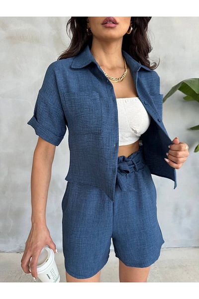ALLEYTA Women's Lacing Detailed Shorts Shirt Linen Set Lns New Season