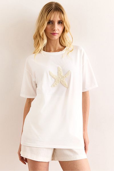 Olalook Women's White Starfish Pearl Regular Fit Cotton T-Shirt Tsh-19000909